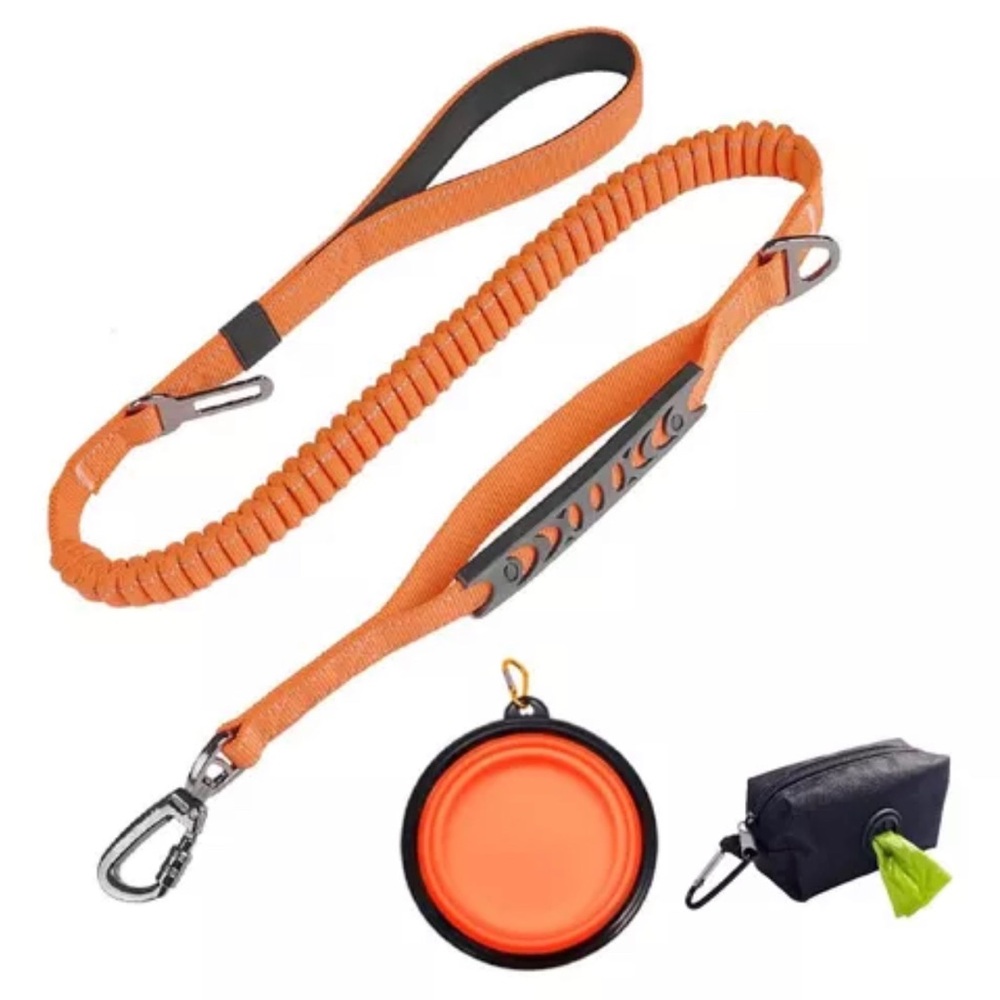 Heavy Duty Dual Handle Dog Leash with Bungee Cord, Seat Belt Loop, Poop Bag